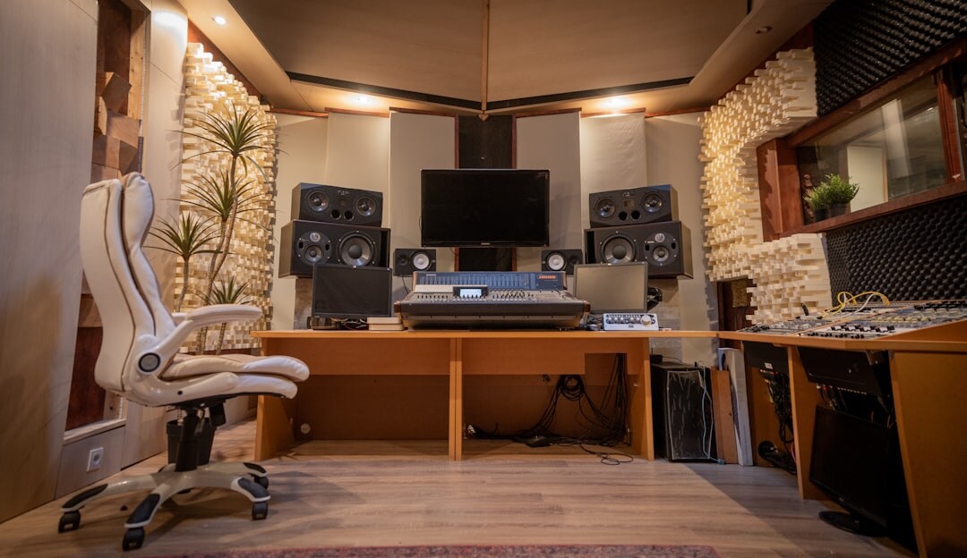 Broadcast control room with multiple video monitors